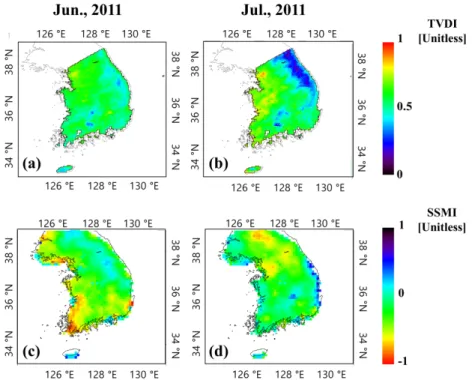 Fig. 6. Spatial distribution of the TVDI and SSMI at Jun and July in 2011