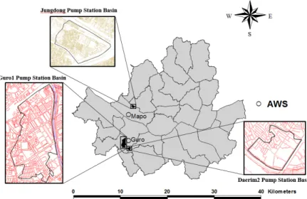 Fig. 8. Locations of three pumping stations and two nearby AWSs