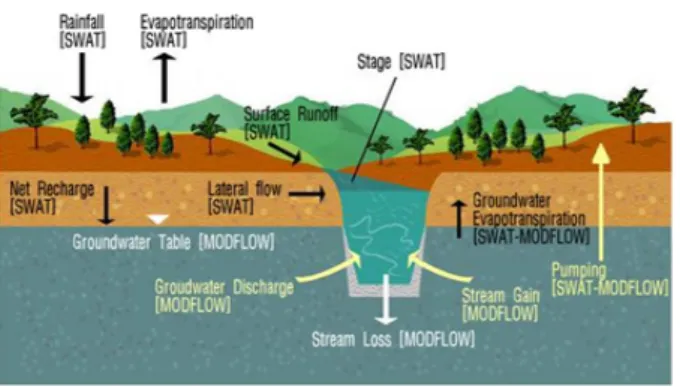 Fig.  1.  Schematic  diagram  of  the  integrated  SWAT-MODFLOW  model (Kim et al., 2008)