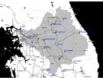 Fig. 2. The map showing Han-river watershed along with weather  stations (red filled circle)