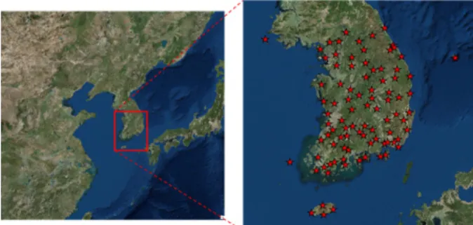 Fig. 4. Study area (South Korea) and the locations of the 90 ground  gauges