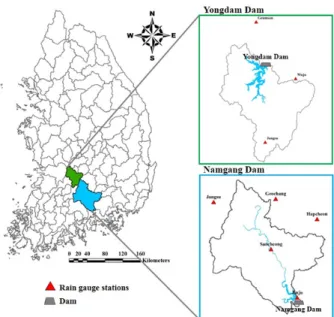 Fig. 1. Location of study areas (watersheds) and rain gauge stations