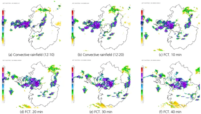 Fig. 6. Separated convective rainfield and forecasted rainfield using Storm Tracker Nowcasting Model in Metropolitan area for lead time for  10~40 min (predicted at 12:20 6 Aug