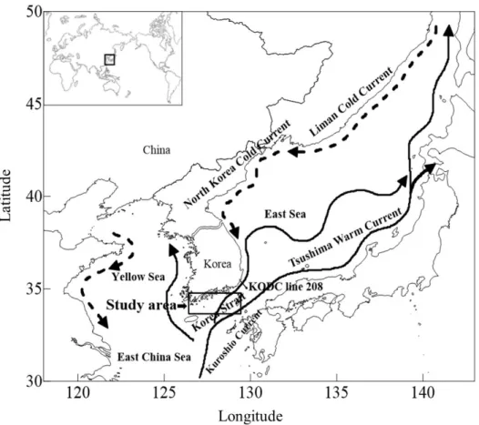 Fig.  1-1.  The  study  area  and  its  major  currents  (dotted  line:  cold  current,  solid  line:  warm  current)