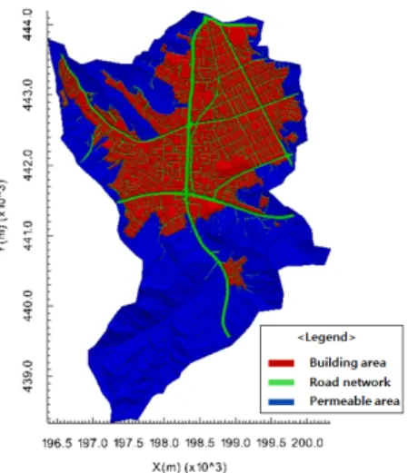 Fig. 7. Mesh generation and landuse of study area (0:Mountained  area, 1:Road, 2:Building area)