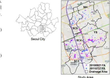 Fig. 3. Study area and flooded area due to two heavy rainfall events (2010.9.21. and 2011.7.27.)량 (m/s/m)이다