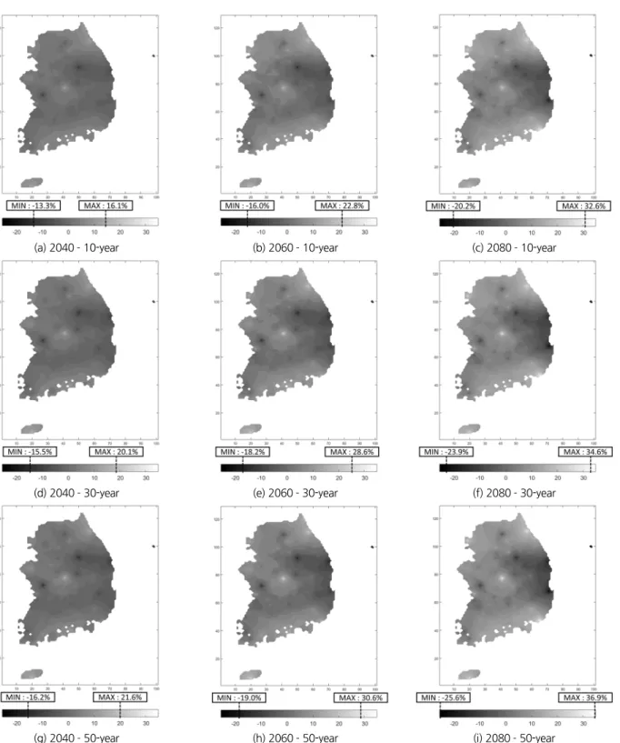 Fig. 9. Spatial distribution of the rate of increase of probability precipitation with 1-hr duration