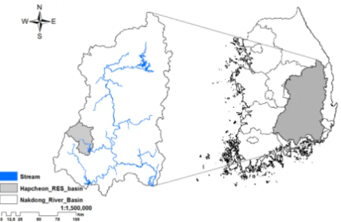 Fig. 3. Hapcheon reservoir watershed   (4) max (5)여기서, 는 지속기간 평균 회복도, 는 용수공급 실패사상의 수, 는 용수공급 실패 지속기간, 는 최대지속기간 회복도를 나타낸다.2.3.3  취약도(Vulnerability) 취약도는 수자원 시스템의 용수공급 실패로 발생 가능한  물 부족의 크기를 말하며 신뢰도, 회복도와 더불어 중요한