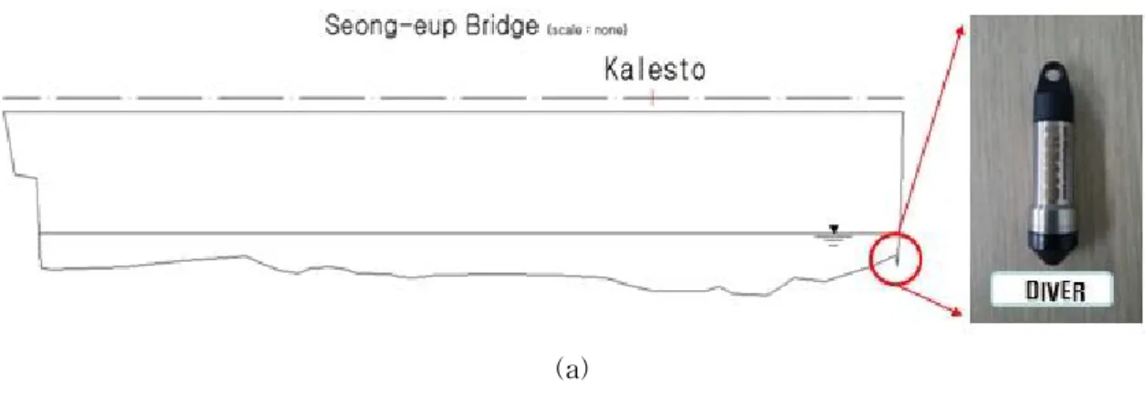 Fig. Ⅲ-12. Cross sectional areas for discharge calculation and mini diver for the