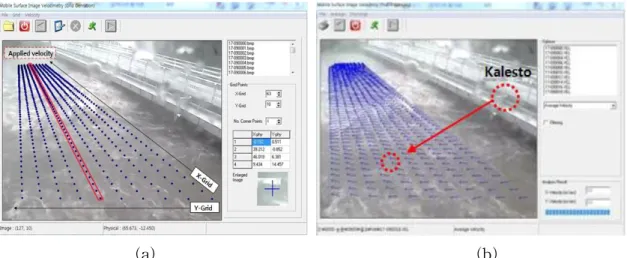 Fig. Ⅳ-6. Analysis process of surface image velocimeter(SIV); (a)grid mesh setting, (b)results of the flow velocity vector