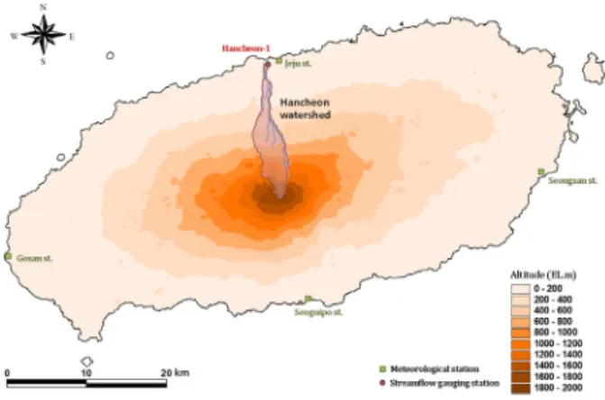Fig. 1. Location of the study area1. 서  론제주도 지역은 화산암류로 이루어진 지형 및 지질조건의 특이성으로 인해 내륙의 일반적인 하천유역과는 전혀 다른 유출 특성을 나타낸다