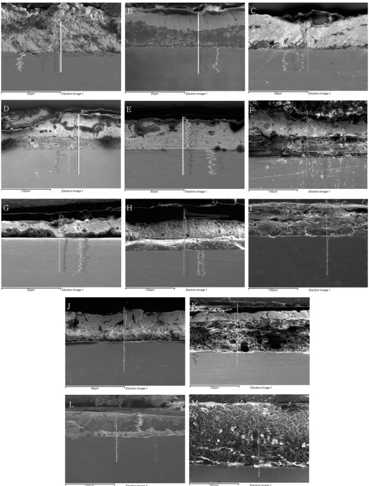 Fig. 5.  EDS line profiles on cross section of specimens.