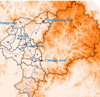 Table 1. Subbasin characteristics Subbasin Area (km 2 ) Inlet(I) or Observation(O)(watershed area (km2)) 1 676.7  -2 691.1  -3 246.5 
