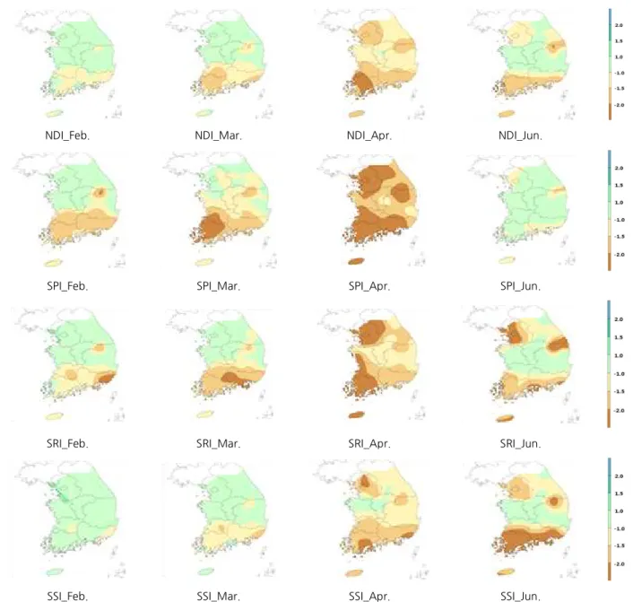 Fig. 6. Spatial analysis of SPI, SRI, SSI and NDI (2000.02∼2000.06)