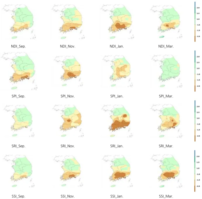 Fig. 7. Spatial analysis of SPI, SRI, SSI and NDI (2008.09∼2009.04)