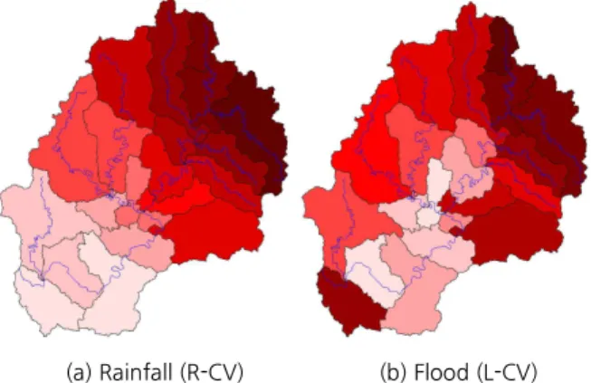 Fig. 5. Relationship between CVs for rainfall and flood