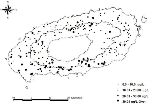 Fig. 12. Spatial distribution of vanadium concentrations in Jeju Island, Korea. Dot size indicates the concentrations of vanadium.