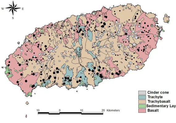 Fig. 14. Distribution of vanadium concentration in Jeju Island groundwater with surface geology.