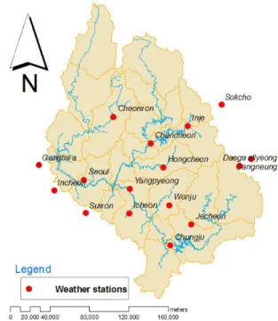 Fig. 1. Location of selected weather stations in the Han River Basin