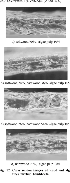 Fig. 12. Cross section images of wood and algae  fiber mixture handsheets.