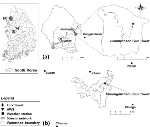 Fig. 2. Location of study areas for (a) Seolmacheon and (b) Cheongmicheon