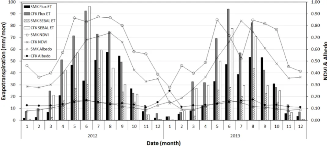 Fig. 6. Comparison of monthly data for SMK and CFK: flux tower ET, SEBAL ET, MODIS NDVI and albedo