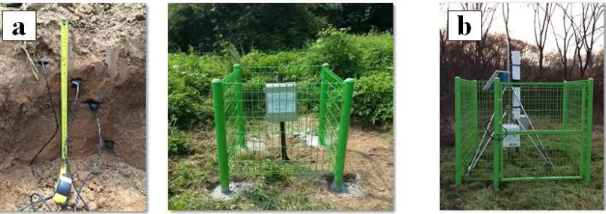Fig. 2. (a) Installation of an array of FDR probes in a soil profile. The wires are sealed in PVC conduit wire to protect from vermin  (b) COSMIC-ray station in botanical garden near Sungkyunkwan university