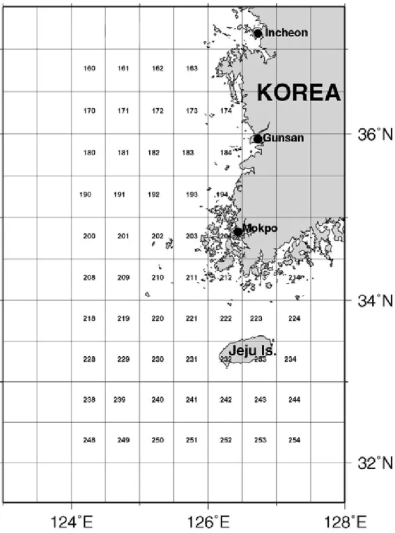 Fig.  3.  Location  of  seablock  of  number  in  the  Yellow  Sea  and  the  around  sea  of  the  Jeju  Island.