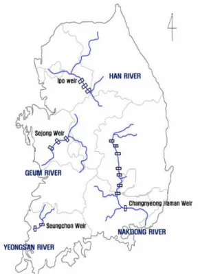 Fig. 1. Location of 4 major rivers and 4 weirs