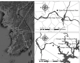 Fig. 1. Study Area, Han River Basin 론적 방법의 원수탁도 변화에 대한 연구가 필요하다. 따라서 본 연구에서는 한강에 위치한 광역정수장 두 곳의 10년치 원수탁도 및 강우, 댐의 유입·유출 유량 시계열자료를 이용하여 상관분석과 주성분분석을 수행하여 상관관계를 분석하고, 회귀분석을 이용하여 강우 및 유입·유출 유량의 변화에 따른 원수탁도 변화를 예측할 수 있는 회귀식을 도출하였다