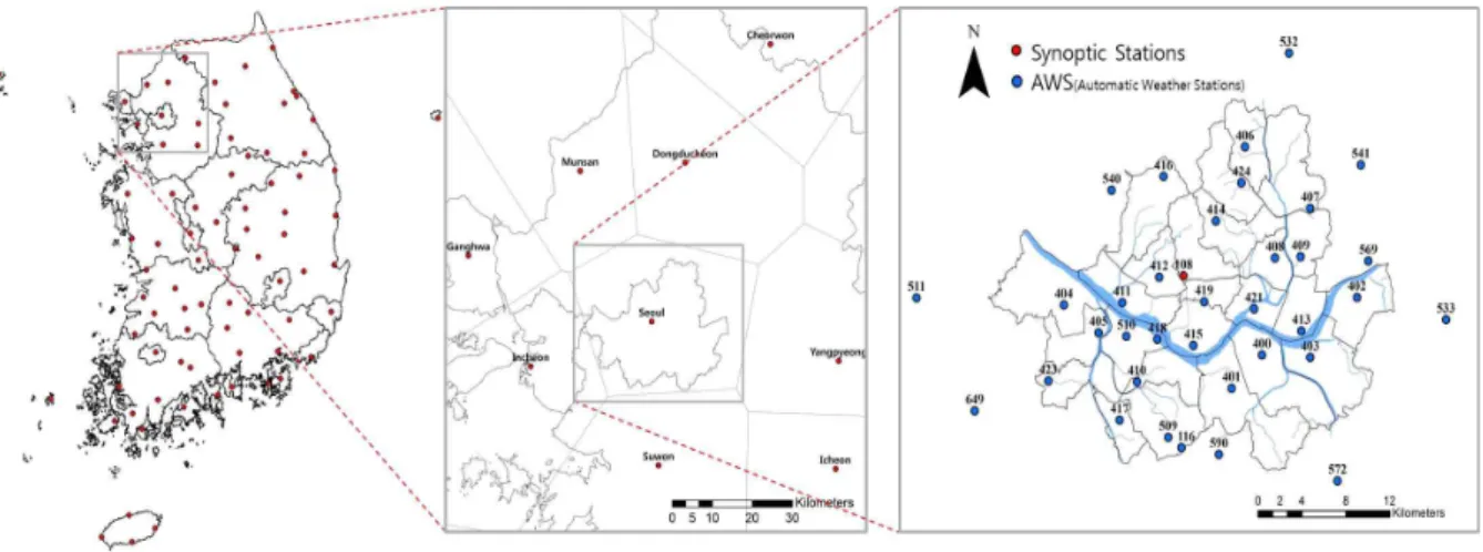 Fig. 1. Rainfall Observation Stations 자, 지상기상관측지점에 비해 자료기간은 짧으나 상대적으 로 조밀한 관측망을 구성하고 있는 방재기상관측지점의 분  단위 강우자료를 활용하여 분석을 수행하였다