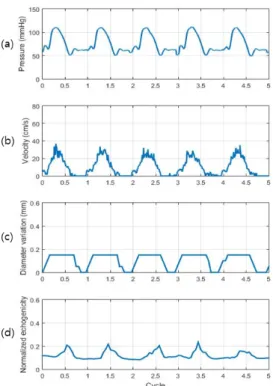 Fig.  5. The  time synchronized  data  pressure,  blood  velocity,  wall  motion  of  the  elastic  vessel  phantom  and normalized echogenicity over 255 at 40 r/min for  5 cycles are shown in (a), (b), (c) and (d), respectively