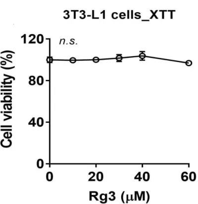 Figure 6. Effects of RG on cell viability in 3T3-L1 pre-adipocytes. The culture of 3T3-L1 were treated with 20-60 µM of Rg3 for 24h.