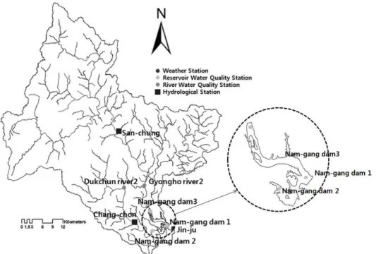 Fig. 4. Observation Point in Namgang Dam Watershed으로 사료된다.본 연구에서는 남강댐 저수지에 대하여 2009년과 2011년 수문사상을 바탕으로 2차원 횡방향 평균 수치모형인CE-QUAL-W2 모형(이하 W2 모형)을 이용하여 수리 및수질에 대한 검보정을 실시하고, 2011년 수문사상에 대하여 취수량이 변화할 때 남강댐 조류발생량의 변화를 알아보기 위하여 취수량 변화에 따른 저수지 수위 변화 및 T-N, T-P, C