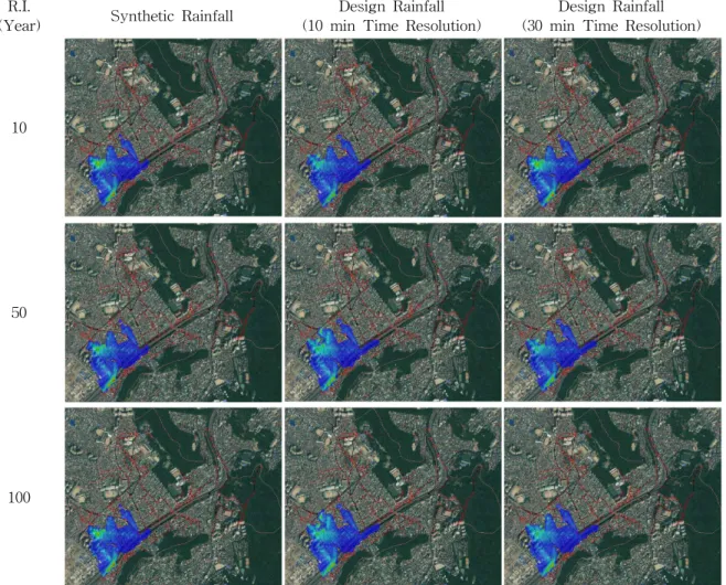 Fig. 10. Flood Map of Simulated Rainfall and Design Rainfall (10, 15, 30 minute temporal resolution)가상강우에 의한 침수면적은 설계강우에 의한 침수면적보다 항상 작았으며, 그 차이는 침수면적의 재현기간이 증가할수록 증가하였는데, 설계강우의 시간해상도에 따라 5년 빈도 침수면적의 경우의 차이는 5.7∼9.4%, 20년 빈도침수면적의 경우의 차이는 11∼14%, 100년 빈도 침수