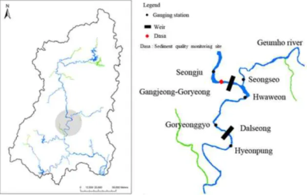 Fig. 1. Index Map of Study Area많은 영향을 미치게 되었다. 저수지로의 유입 유사량은 상류유역으로 부터의 유출 유사량에 영향을 받으며 유역의 유출유사량에 영향을 미치는 인자는 지류유출, 유사의 입경, 경사, 지형, 유출, 하도의 수리학적 특성 등이 있다(Strand andPemberton, 1982)