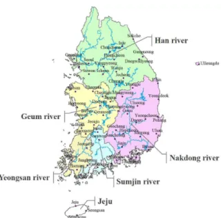 Fig. 1. Korean River Basins and the Korea Meteorological Administration (KMA) Observatory