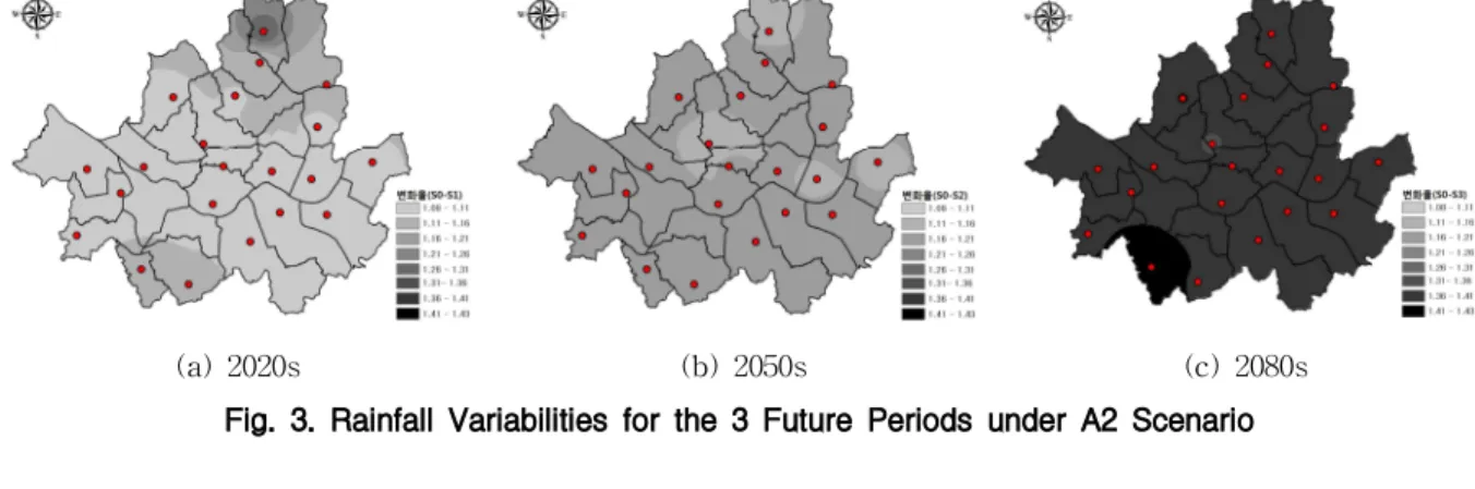 Fig. 4. Drainage System at the Selected Study Areas이 가장 크게 나타났다. 반면 2050s에는 13～21%의 강우변화율을 보이며, 전 유역에 걸쳐서 강우량은 증가하나2020s기간에 비해 약간 감소하는 경향을 보였다