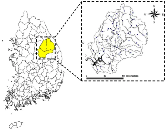 Fig. 1. The Chungju Dam Basin and Location Rain Gauges2. 산지효과가 발현된 호우사상의 선정2.1 대상유역 및 강우-유출 자료본 연구의 대상 지점으로 충주댐 유역을 선정하였다.충주댐의 유역면적은 6,648 km2로서 충청북도의 3개 시군(충주시, 제천시, 단양군)과 강원도의 8개 시 군(원주시,태백시, 삼척시, 강릉시, 영월군, 평창군, 정선군, 횡성군)그리고 경상북도의 3개 시 군(문경시, 영주시, 봉화군) 등