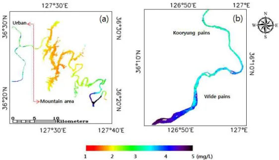 Fig. 3. Spatial Pattern of Total Nitrogen in Daechung Lake (a) and Downstream (b) on November 12, 2013세 개 날짜에 해당하는 총인의 실측 농도값은 0.01∼0.12 mg/L 범위에서 관측되었고 위성을 통한 예측값은 약0.01∼0.07 mg/L 안에서 형성되었다