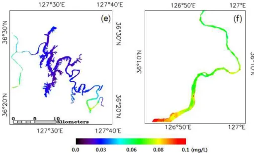 Fig. 5. Spatial Pattern of Total Phosphorus in Daechung Lake (e) and Downstream (f) on November 12, 2013