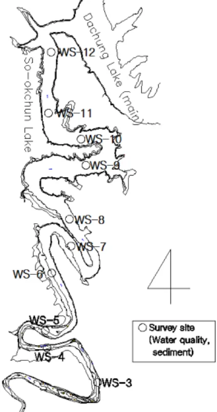 Fig. 1. Map of Sookchun Lake and Sampling Sites1. 서 론소옥천은 대청호로 직접 유입되는 하천 중의 하나로 옥천의 하수종말처리장, 축산폐수처리장 등 점오염원과 목축, 임야, 농업 등 토지이용에 따른 비점오염원의 유입으로 대청호 조류발생의 중요한 요인이 되고 있다