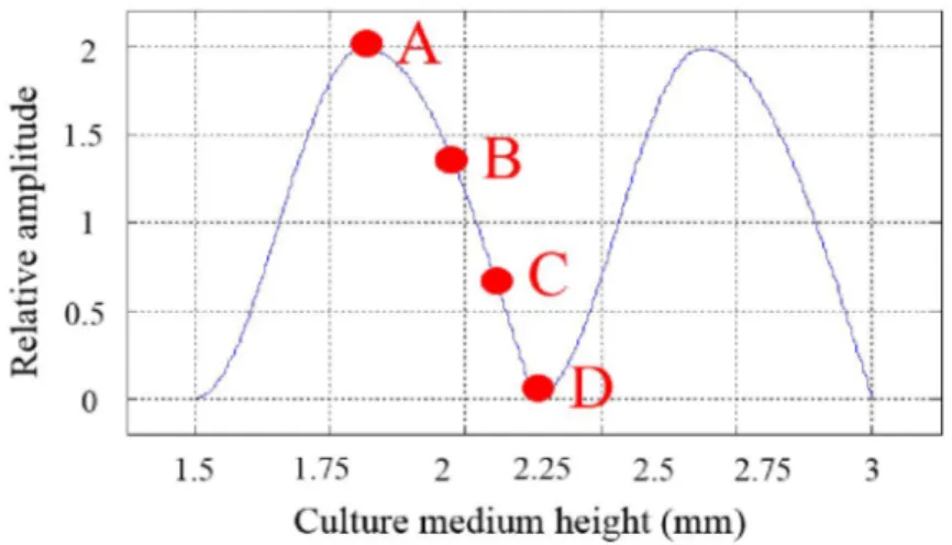 Figure  2.3.  The  predicted  peak  amplitude  of  the  standing  wave  against  the  culture  medium  height:  the four different heights matched to the four pressures equally divided from zero to the  maximum value, marked by A, B, C, and D where the A r