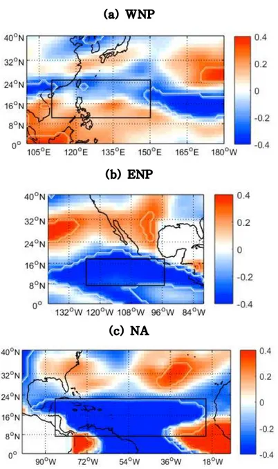 Fig. 4. Maps of correlation coefficients of gridded vertical wind shear with number of tropical cyclones in JASO