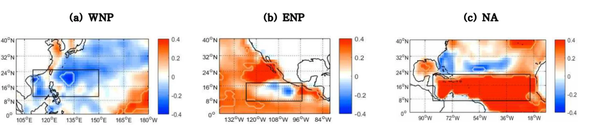 Fig. 6. Same as Fig. 4, but correlation between sea surface temperature and number of TCs.