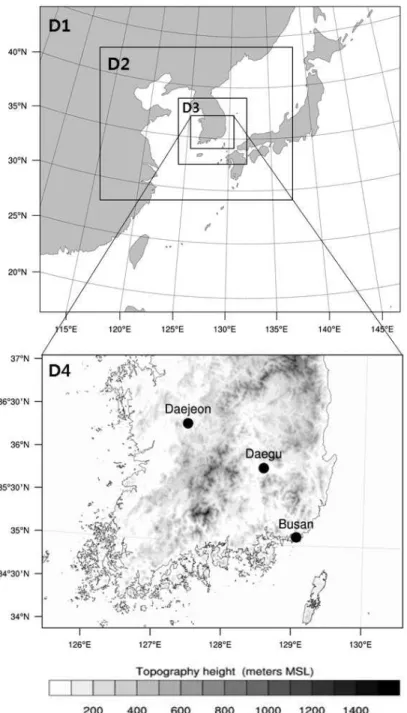 Fig. 1. The nested model domains for the WRF simulation and the location of three target region (Daejeon, Daegu, Busan) including topography features.
