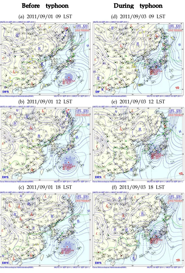 Fig. 4. Synoptic weather maps at surface at 9, 12, 18 LST before, during, and after typhoon Talas (1112).