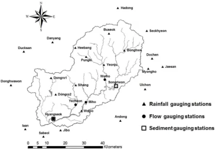 Fig. 1. Location of Rainfall, Flow, and Sediment Gauging Stations in the Naesung Stream Watershed (Jeong, 2014)2013)를 이용하여 결정하였다.본 연구에서는 내성천유역 내 9개의 관측소(월포, 시항,동로1, 동로2, 영주, 풍기, 희방, 부석, 봉화), 내성천유역외 13개의 관측소(동화원, 이안, 사벌, 지보, 안동, 의촌, 명호, 재산, 도천, 석현, 하동, 단양, 