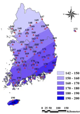 Fig. 3. Number of TCs Affecting the Korean Peninsula during the Period 1973-2012 and the Mean TC-induced Rainfall Given the Radius of the TC