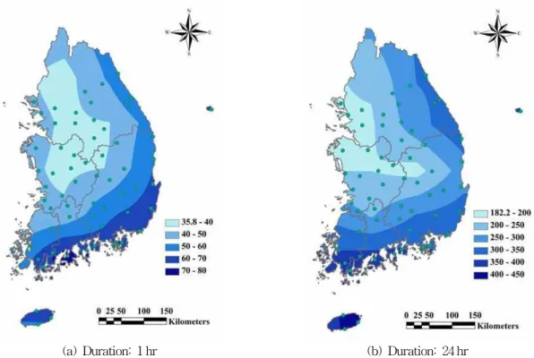 Fig. 5. TC-induced Annual Maximum Rainfall (mm) by Durations (TC radius: 700 km); (a) Rainfall Duration (1 hr), (b) Rainfall Duration (24 hr)